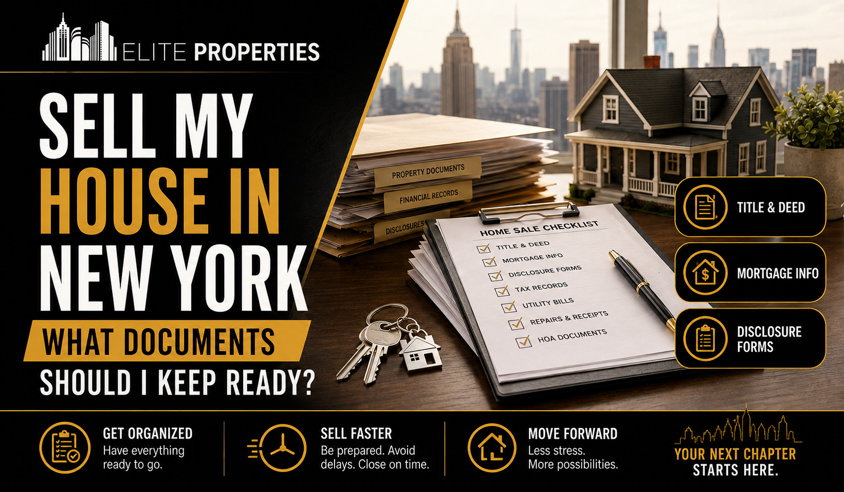 Elite Properties image showing a New York home sale checklist with title deed, mortgage information, disclosure forms, and property documents for selling a house in New York