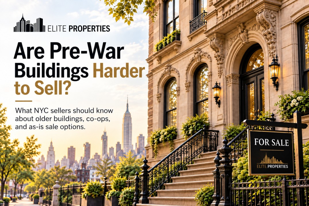 Elite Properties blog cover image showing a pre-war New York building with a for sale sign, explaining whether older NYC buildings are harder to sell.