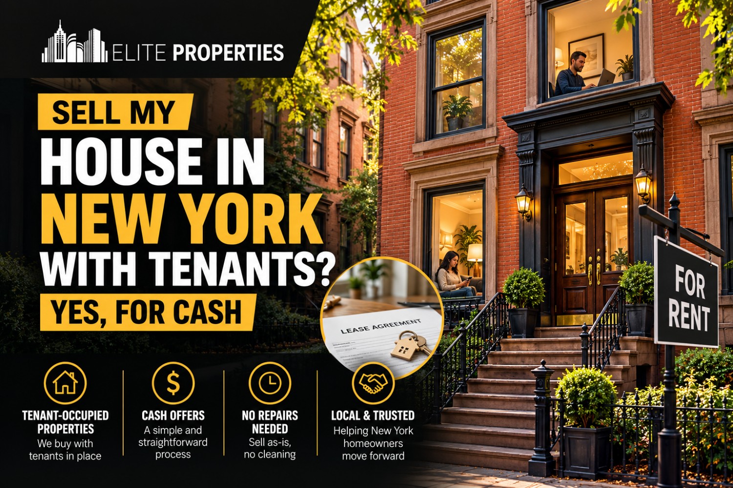 Real estate illustration for Elite Properties NY about selling a tenant-occupied house for cash in New York City, highlighting rental property sales, existing lease agreements, tenant protections, and direct cash buying options.